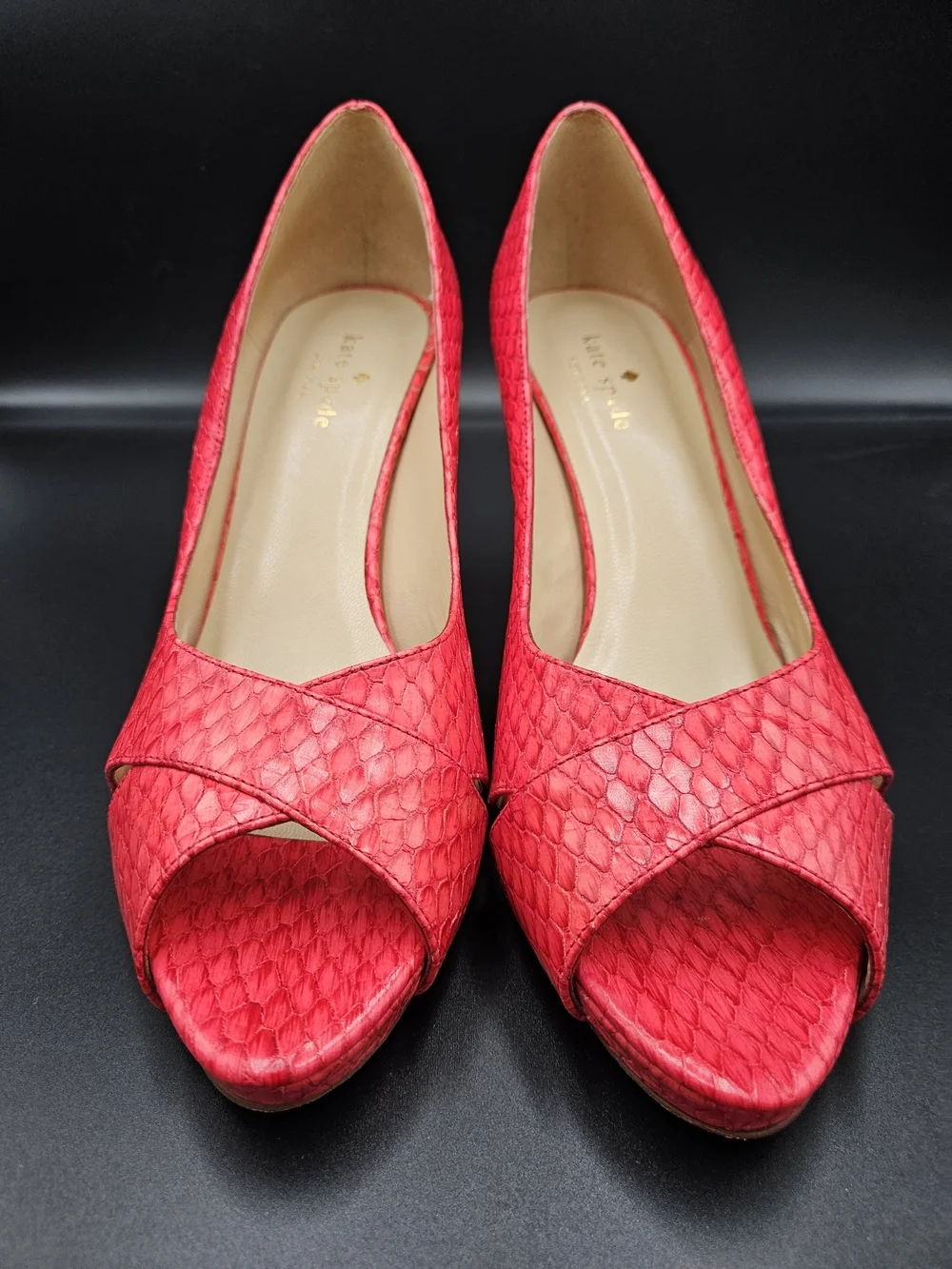 Kate Spade New York Red Snakeskin Embossed Peep Toe Heels Size 9B Made in Italy